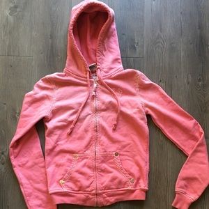 Distressed Pink True Religion Zip-Up Hoodie
